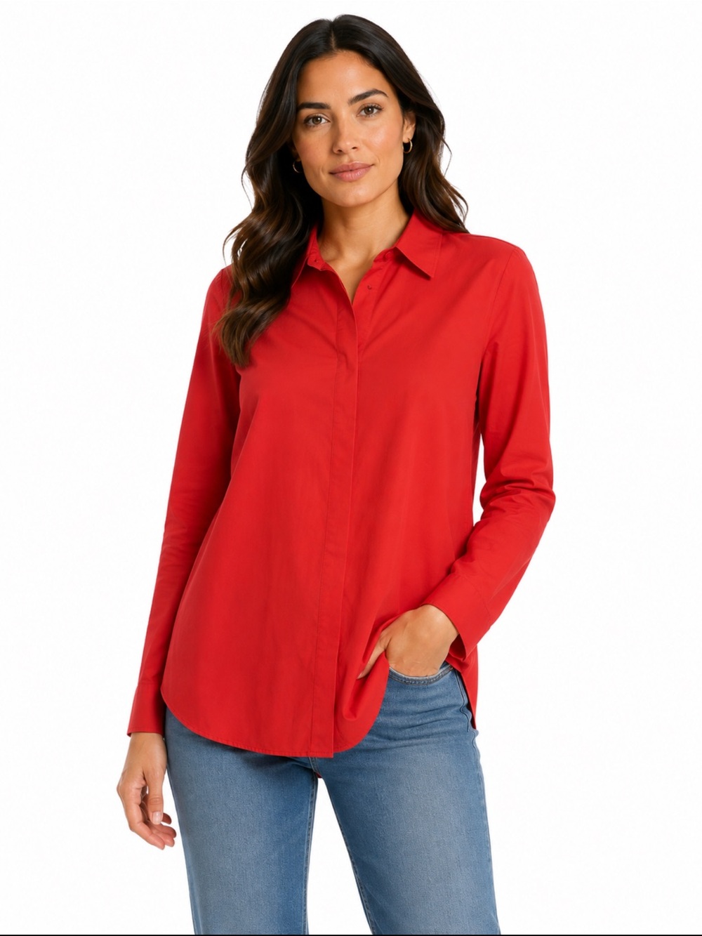 Lafayette 148 New York L Red Stretch Cotton Button Down Shirt